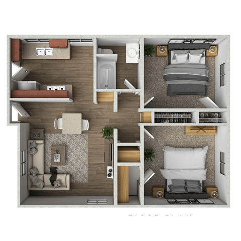 Floor plan for 2 beds, 1 bath, 848 sqft